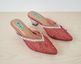 Braut Spitze Pantoletten Klare Blockabsätze, glitzernde Hochzeit Spitze Toe Slides, Elegante Party Schuhe