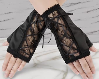 Gothic Lace Panel Fingerlose Handschuhe Y2K Lace Up Arm wärmer Cosplay Emo Accessoire Kurze Blumen Halbe Finger Handschuhe