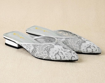 Elegante Spitze Mesh Braut Pantoletten Schiere Flache Hochzeitsgast Schuhe Spitz Toe Slip On