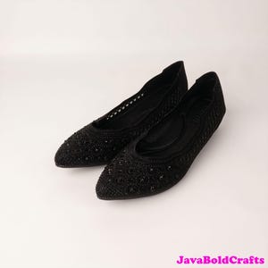 May include: A pair of black ballet flats with a pointed toe. The shoes are embellished with small, dark-colored beads and have a mesh-like design on the upper part. The shoes are set against a white background.