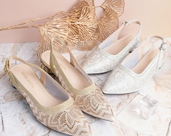 Gold Blockabsatz Sandalen Glitzernde Abendschuhe Low Heel Braut Schlingen