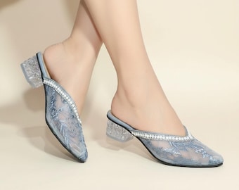 Beaded Lace Wedding Heel Bridal Shoes, Pearls Floral Embroidery Bridesmaid Evening Sandals