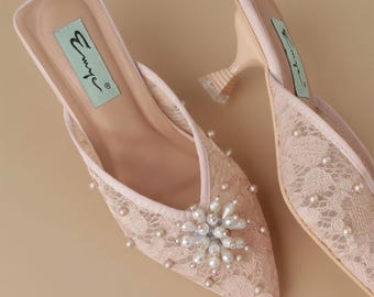 Elegant Women Brocade Mules Stiletto Heels, Sheer Sequin Wedding Party Shoes, Bridal High Heel
