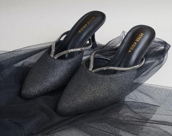 Pointed Toe Mules Women Center Strap Mid Heels Formal Party Wedding Slip On Shoes