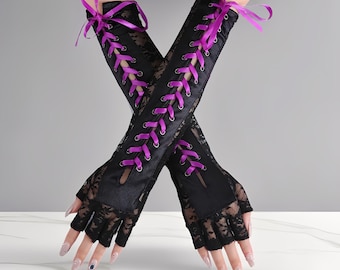 Long Gothic Fingerless Fishnet Gloves Lace Panel Arm Warmer w/ Bowknot Emo Punk Goth Accessory Alternative Dancewear