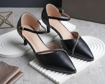 Block Heels Spitzschuh Slingback Pumps Low Heel Kleid Schuhe