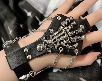 Schwarze Skelett Knochen Drucken Handschuhe, Goth Cyberpunk Leinwand Armstulpen, Punk Rock Streetwear Accessoire, Halloween-Kostüm