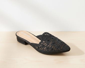 Elegante Spitze Pantoletten, 3 cm Niedriger Blockabsatz Sandalen, Stickerei Slip-on