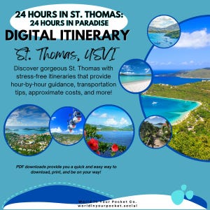 May include: A digital itinerary for St. Thomas, USVI, with the text "24 HOURS IN ST. THOMAS: 24 HOURS IN PARADISE." The image includes scenic photos of the island, and promises hour-by-hour guidance, transportation tips, and approximate costs.