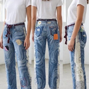 One of a Kind Upcycled Hollister Mom Jeans | Swirl styled denim | Quilted Side Panels | Slow Fashion | Wearable Art | Waist 27"