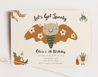 Let’s Get Spooky Bat Halloween Birthday Invitation | Cottagecore Halloween Party Invite | Cute Bat Kids Halloween Invite | Editable Template
