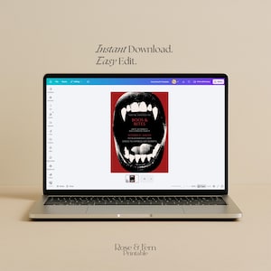 May include: A laptop displays a Halloween party invitation with a red background and a graphic of a mouth with sharp teeth. The invitation text reads "BOOS & BITES". The laptop screen also shows the words "Instant Download. Easy Edit."