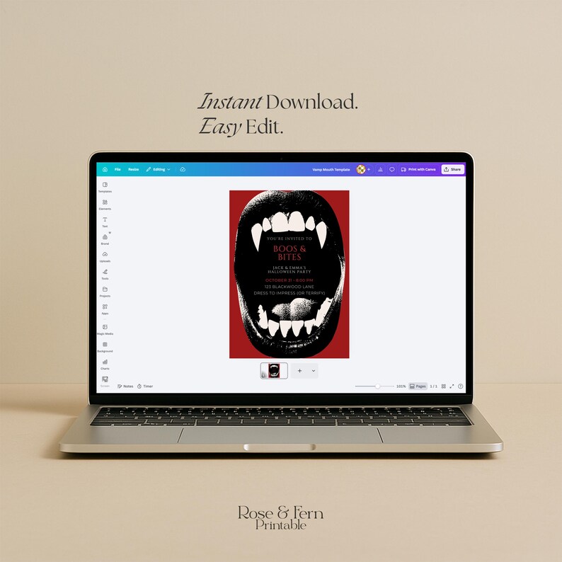 May include: A laptop displays a Halloween party invitation with a red background and a graphic of a mouth with sharp teeth. The invitation text reads "BOOS & BITES". The laptop screen also shows the words "Instant Download. Easy Edit."