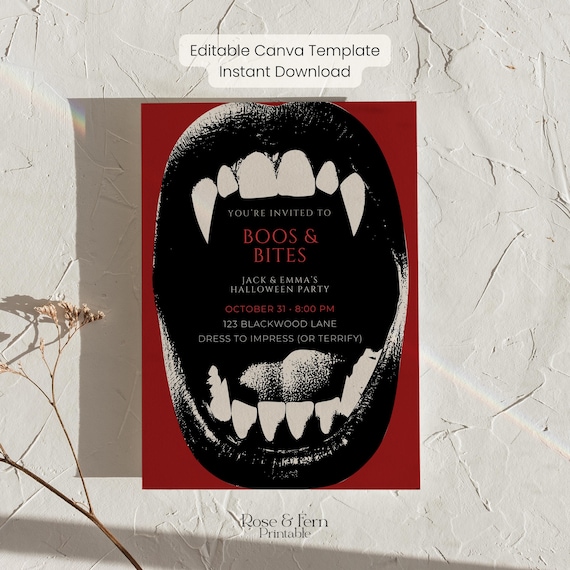 Adult Halloween Party Invitation Template, Boos and Bites Invite, Vampire Halloween Invite, Gothic Halloween Party, Canva Template