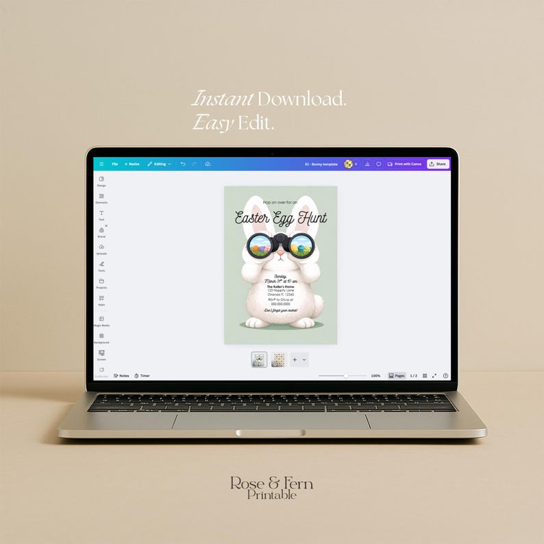 May include: A laptop displays an Easter Egg Hunt invitation. The invitation features a white bunny wearing binoculars. The text "Instant Download. Easy Edit." is at the top. The words "Rose & Fern Printable" are at the bottom.