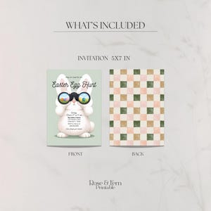 May include: An Easter Egg Hunt invitation, 5x7 inches, featuring a white bunny wearing binoculars. The front of the invitation has the text "Easter Egg Hunt" and event details. The back has a checkered pattern in peach, green, and tan.