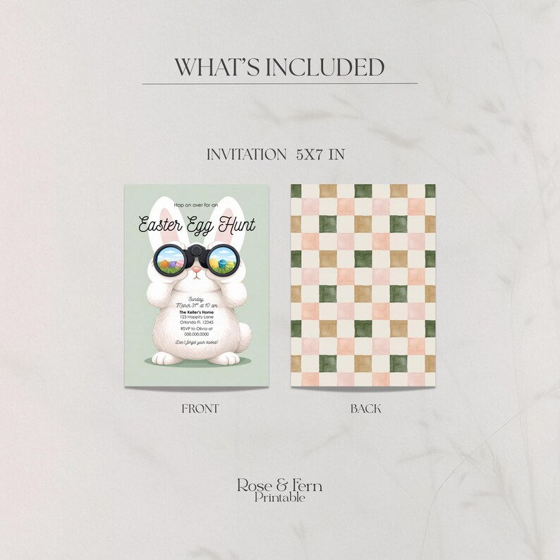 May include: An Easter Egg Hunt invitation, 5x7 inches, featuring a white bunny wearing binoculars. The front of the invitation has the text "Easter Egg Hunt" and event details. The back has a checkered pattern in peach, green, and tan.