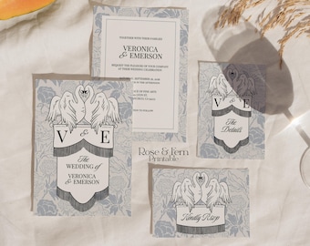 Elegant Swan Wedding Invitation Suite | Swan Crest Floral Wedding Invitations | Printable Digital Download | SD1