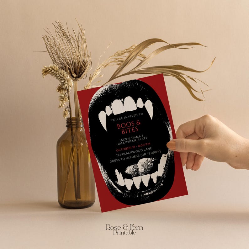 May include: A red Halloween party invitation with a black open mouth graphic featuring sharp white fangs. The invitation includes the text "BOOS & BITES", party details, and the words "DRESS TO IMPRESS (OR TERRIFY)".
