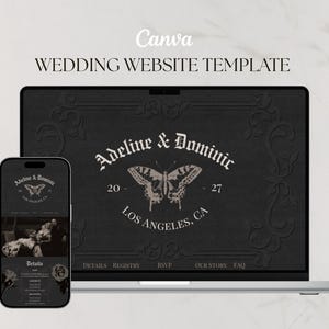 May include: A laptop and smartphone display a wedding website template. The design features the names "Adeline & Dominic", a butterfly graphic, and the text "Los Angeles, CA". The template includes sections for details, registry, RSVP, and more.