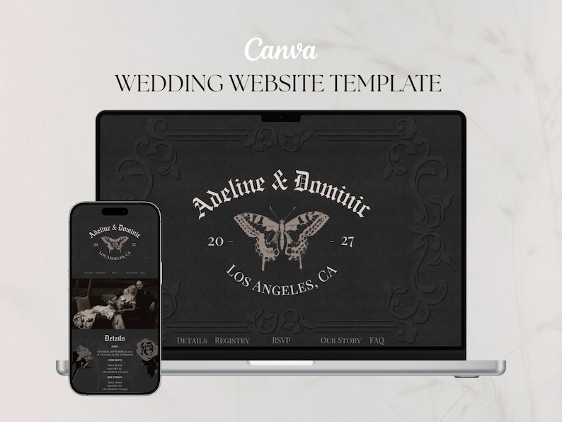 May include: A laptop and smartphone display a wedding website template. The design features the names "Adeline & Dominic", a butterfly graphic, and the text "Los Angeles, CA". The template includes sections for details, registry, RSVP, and more.