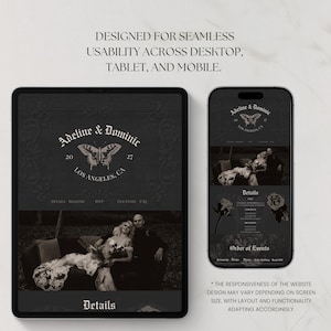 May include: A digital wedding invitation design displayed on a tablet and smartphone. The design features the names "Adeline & Dominic", a butterfly illustration, and the text "Los Angeles, CA". The design is shown in black and white.
