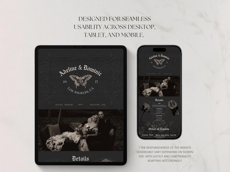 May include: A digital wedding invitation design displayed on a tablet and smartphone. The design features the names "Adeline & Dominic", a butterfly illustration, and the text "Los Angeles, CA". The design is shown in black and white.