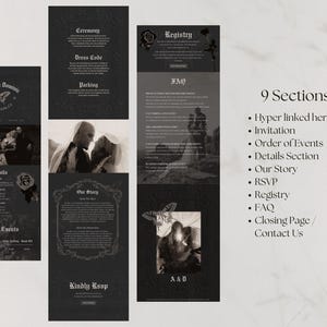 May include: A dark, gothic-themed wedding website design. The design includes sections for ceremony details, registry, and FAQ. The website features black and white photos and decorative floral elements. The text includes the names "Adelior & Dominic".