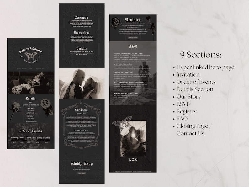 May include: A dark, gothic-themed wedding website design. The design includes sections for ceremony details, registry, and FAQ. The website features black and white photos and decorative floral elements. The text includes the names "Adelior & Dominic".
