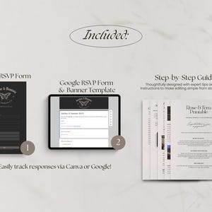 May include: An image showcasing a digital invitation suite, including a built-in RSVP form, a Google RSVP form and banner template, and a step-by-step guide. The suite is designed to easily track responses via Canva or Google.