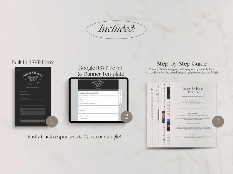 May include: An image showcasing a digital invitation suite, including a built-in RSVP form, a Google RSVP form and banner template, and a step-by-step guide. The suite is designed to easily track responses via Canva or Google.