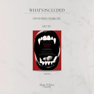 May include: A Halloween party invitation template with a red background and a black and white illustration of a mouth with fangs. The invitation is 5x7 inches and includes the text "BOOS & BITES".