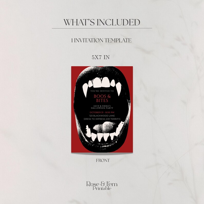 May include: A Halloween party invitation template with a red background and a black and white illustration of a mouth with fangs. The invitation is 5x7 inches and includes the text "BOOS & BITES".
