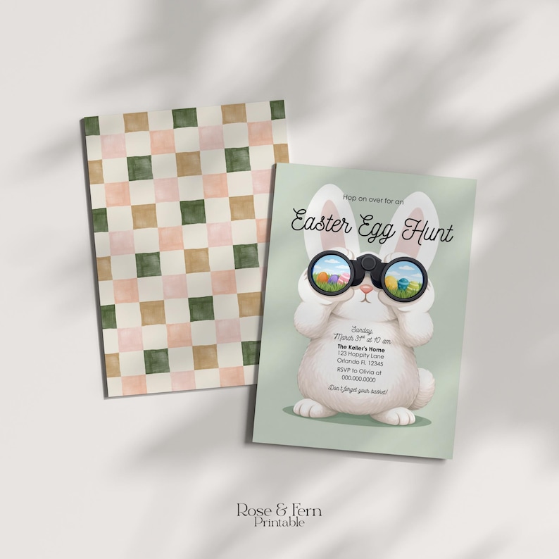 May include: An Easter Egg Hunt invitation featuring a white bunny holding binoculars with colorful Easter eggs in the lenses. The invitation has the text "Easter Egg Hunt" and event details. A patterned card with pink, green, and brown squares is behind it.