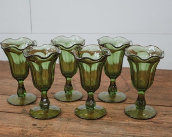 Green Sundae Glasses - Sorbet Glasses - Vintage Parfait Glasses - Tulip Glasses - Set of 6