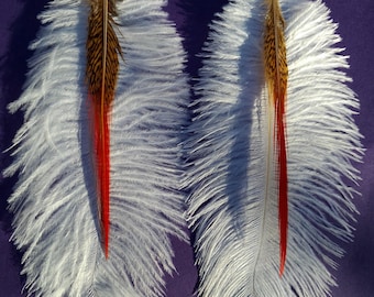 White Ostrich Feather Earrings Long Statement Boho Festival Jewelry Lightweight Handmade Plume Earrings