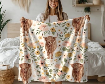Highland Cow Floral Blanket, Cottagecore Farmhouse Throw