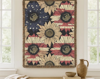 Sunflower American Flag Woven Throw Blanket, Rustic Farmhouse Decor
