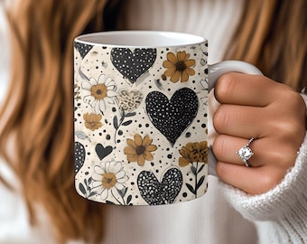 Boho Hearts and Daisies Mug, Coffee Lover Gift