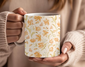 Peach Floral Coffee Mug: Cottagecore Spring Blossoms