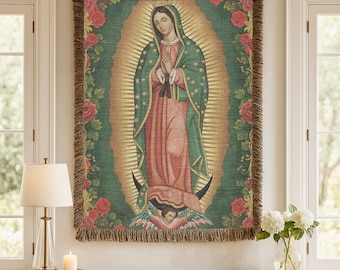 Our Lady of Guadalupe Woven Throw Blanket, Catholic Home Decor