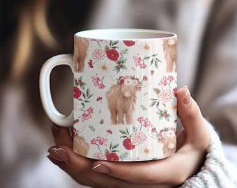 Highland Cow Floral Mug, Boho Farmhouse Decor
