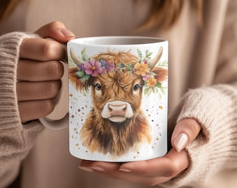 Floral Highland Cow Coffee Mug, Farmhouse Decor