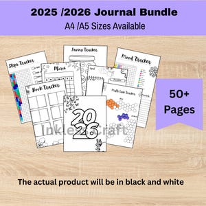 Könnte beinhalten: Ein Bundle von schwarz-weißen Journalseiten für 2025/2026, einschließlich Trackern für Schritte, Bücher, Ersparnisse, Stimmung und Multitasking. Erhältlich in A4- und A5-Größen mit über 50 Seiten. Das tatsächliche Produkt wird in Schwarzweiß sein.