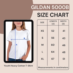May include: A white Youth Heavy Cotton T-Shirt with a size chart. The chart shows measurements in centimeters for sizes XS to XL. The shirt is displayed on a person, with measurements A (length) and B (width) indicated.