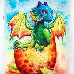Hatching Dragon Art Print~ 8x10~ Rainbow Egg~ Wall Decor~ Fantasy Art~ Home decor~