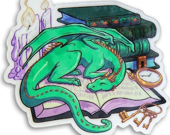 Library Book Dragon~ Green Dragon Vinyl Sticker for journal, water bottle, laptop ~ Sleeping Dragon~ Book Love~ dragon-sticker
