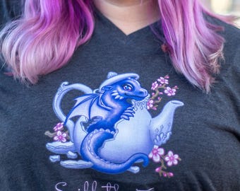 Teapot Dragon tee shirt~ Playful Dragon~ Unisex Short Sleeve V-Neck T-Shirt~ Fantasy shirt