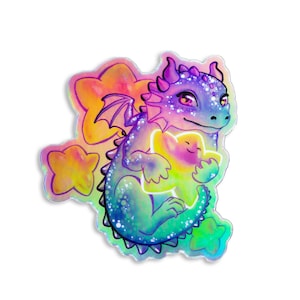 Star Dragon~ Cute Baby Dragon~ Holo Sticker~ Vinyl Fantasy Sticker for Journal, Water Bottle, Laptop~ Happy Stars