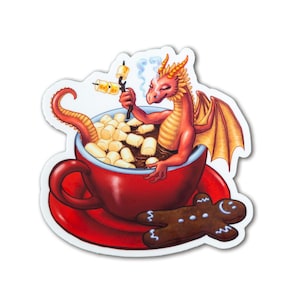 Hot Cocoa Dragon Sticker~ Chocolate with Gingerbread~ Red Dragon~ hygge~ Vinyl Sticker~ for Water Bottle Journal Laptop